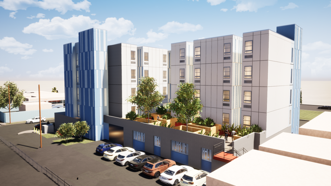 Modular apartment complex takes shape at 11001 S Vermont Avenue in